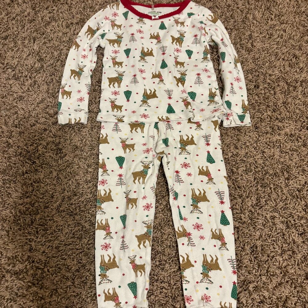 Chick Pea Christmas Pajama Set 4T White Reindeer Print Long Sleeve Pants Cotton